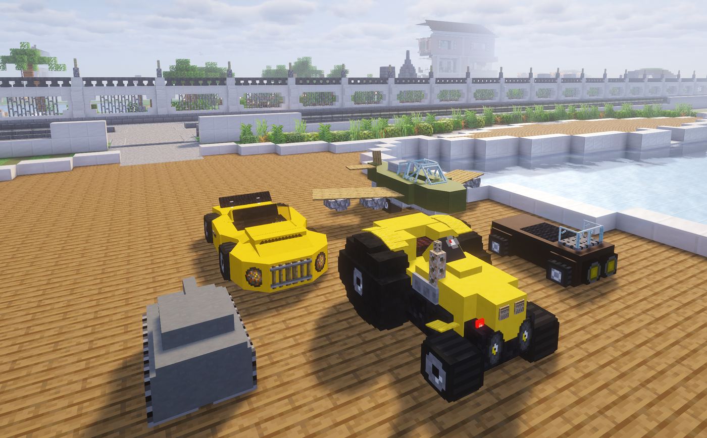 A race car, tractor, tank, pickup truck, and plane lined up in Minecraft
