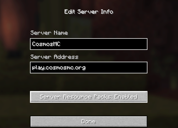 The Minecraft server info screen with the ChillSMP address entered