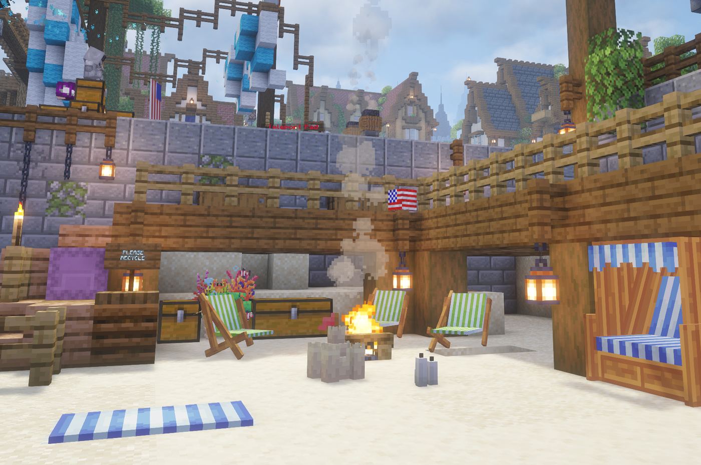 A cozy player-built beach resort with striped chairs and a campfire
